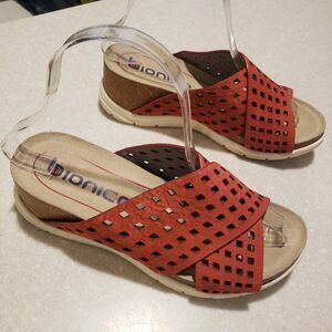 Bionica Shoes Women’s 6 Red Sandals Leather Slides Wedge Laser Cut